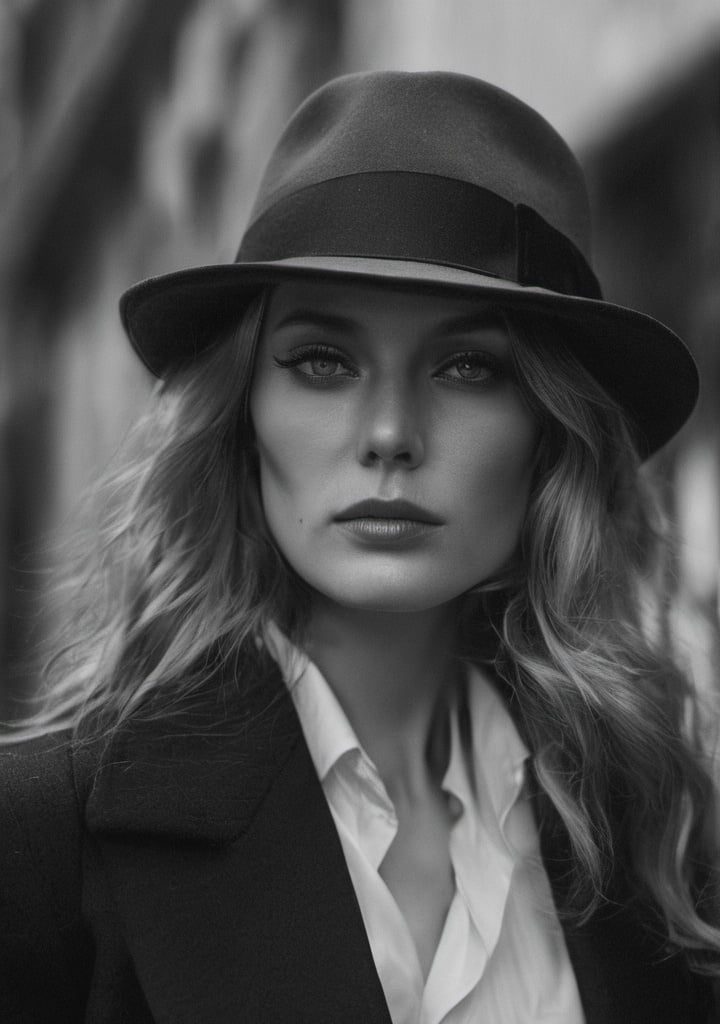real,a woman, hat, long coat, cigar in mouth, smoking,gangster, underground business, raining, cool, close up shot,90s vibe, clean shot, peaky blinders style, black suit