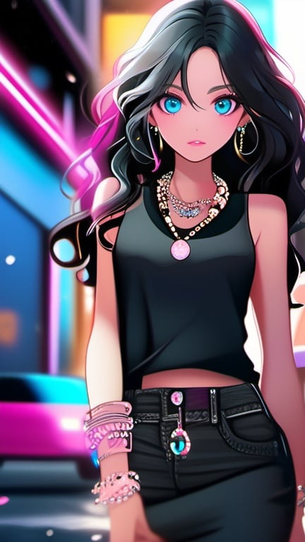 masterpiece,best quality,ultra detailed, incredibly detailed,full body shot,looking at camera,1girl,solo,street,glowing skin,black long hair,(wavy hair:1.1),pink eyes,closed mouth,lips,jewelry,ring,earrings,bracelet,wristwatch,necklace,illustration,Cartoon style,cinematic lighting,