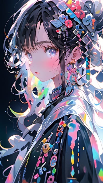 (holographic art:1.1), masterpiece, best quality, close to view, looking up ,1girl, solo, standing, face focus, cute, black hair, bright eyes,(light particle:1.2), cinematic lighting, 