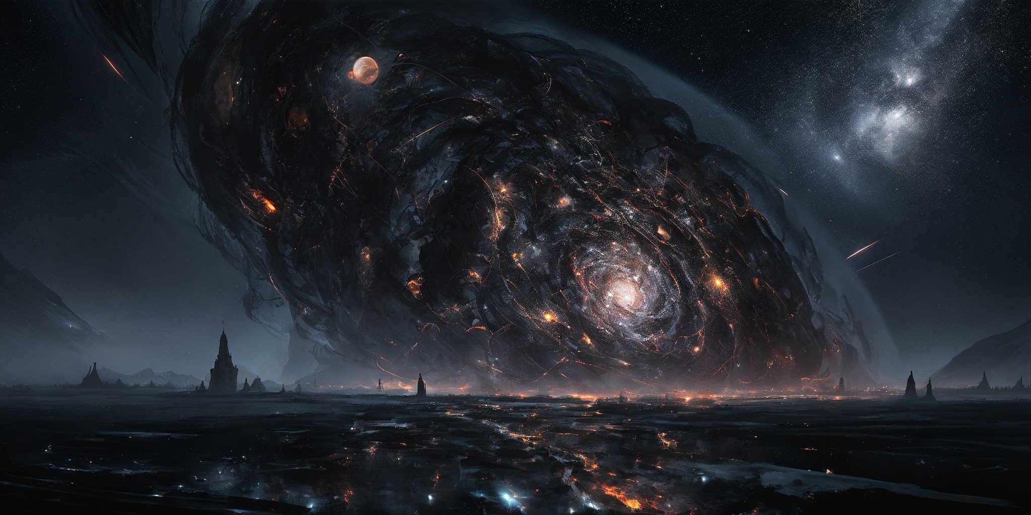 (((masterpiece,best quality))),((good structure,Good composition,good atomy)), ((clear, original,beautiful)),  outdoors,Universe, Mystery, Fantasy, Interstellar, Planet, Nebula, dark,  ,Fractal