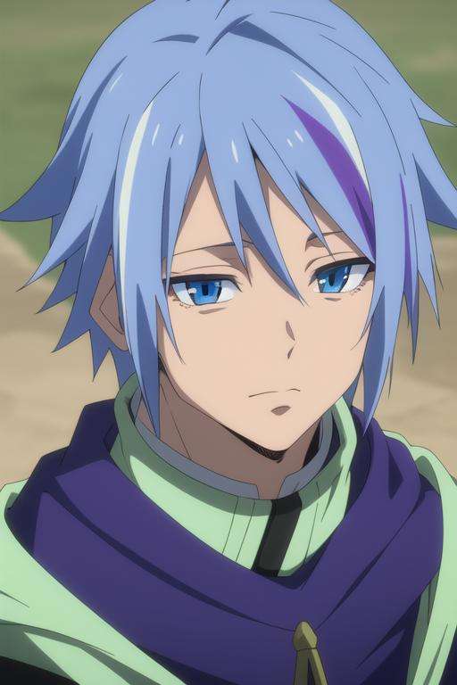 masterpiece, best quality, , 1boy, solo, male focus, looking at viewer, , depth of field, <lora:dino_tensei_shitara:0.74>, dino_tensei_shitara, blue hair, blue eyes, streaked hair, multicolor hair, purple hair