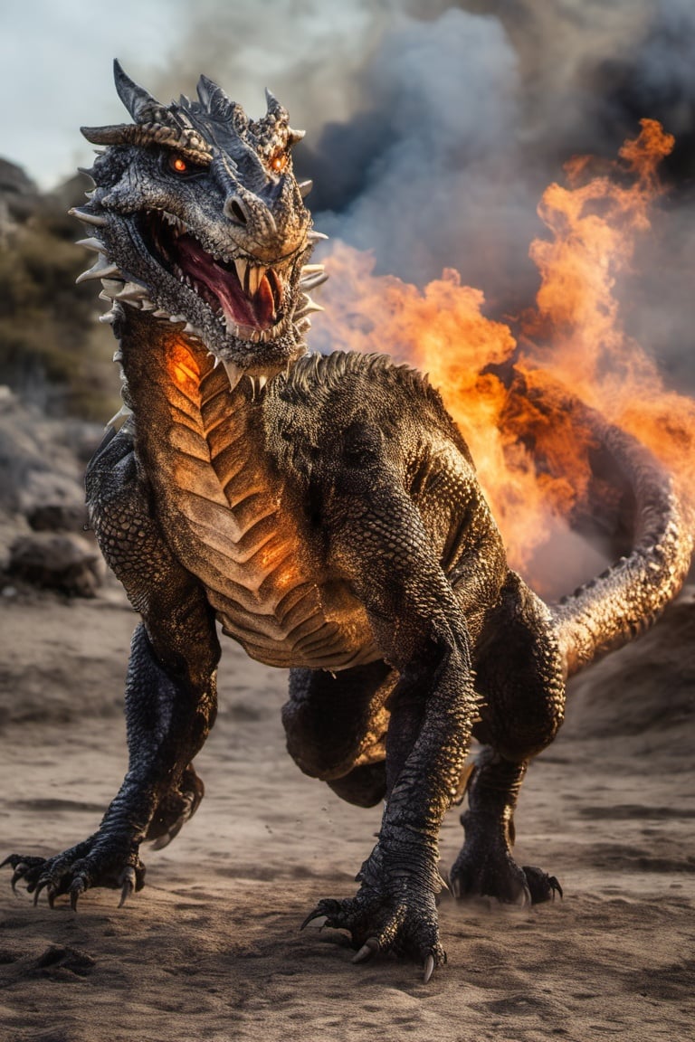 dragon looking at the camera with fire in his mouth,full body, real life,ultra-realistic,