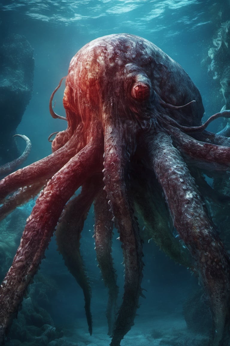 Kraken with his red eyes,colored_skin, under water,full body, real life,ultra-realistic,