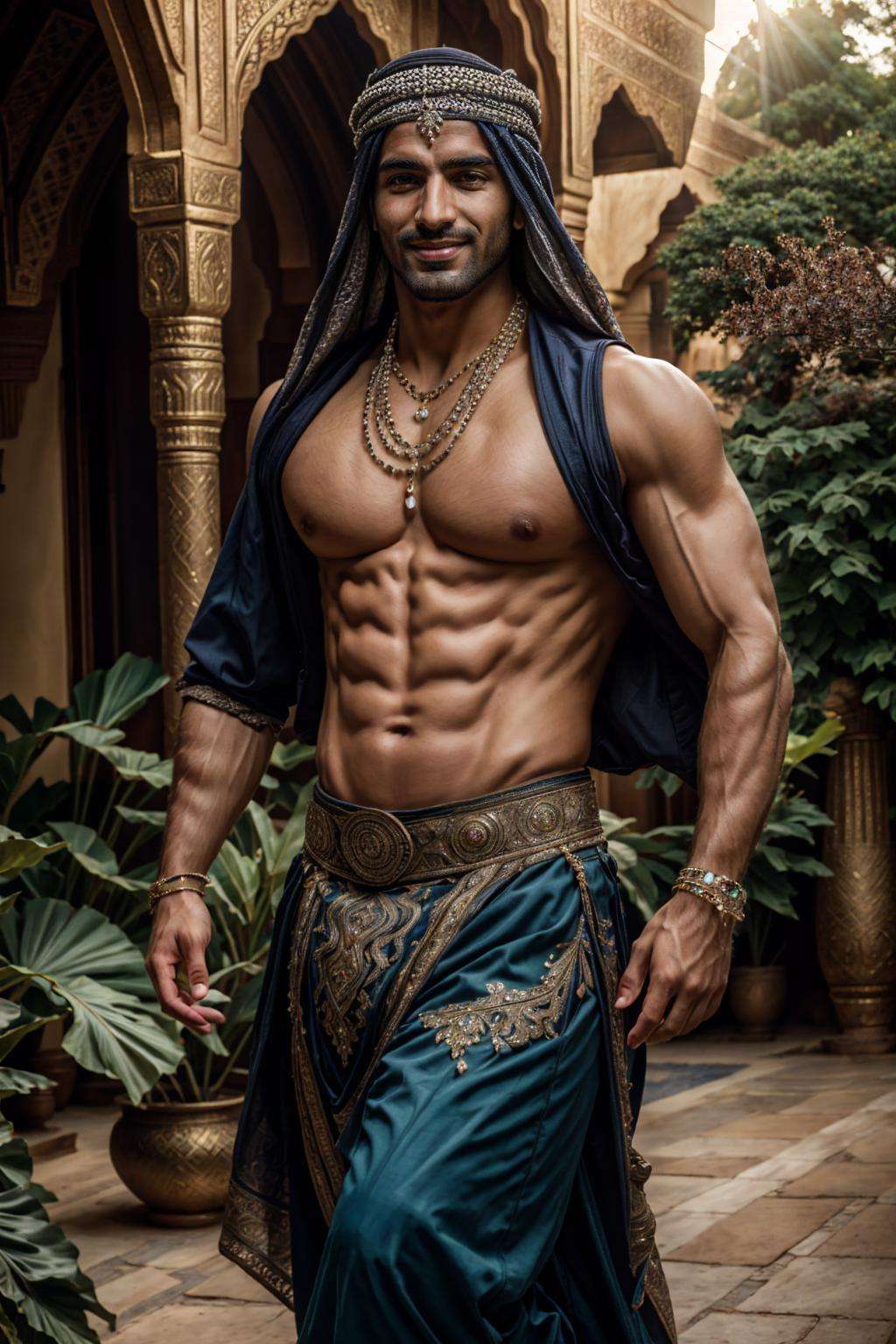 ((best quality)), ((masterpiece)), (detailed), (realistic), cinematic, natural lighting, (detailed background), depth of field, intricate, 8k, detailed skin, (large pectorals:1), pectorals, abs, bara, photo of a handsome man, bellydancer, jewelry, dynamic pose, arabian clothes, smirk, looking at viewer, outdoors, arabian palace, garden oasis,