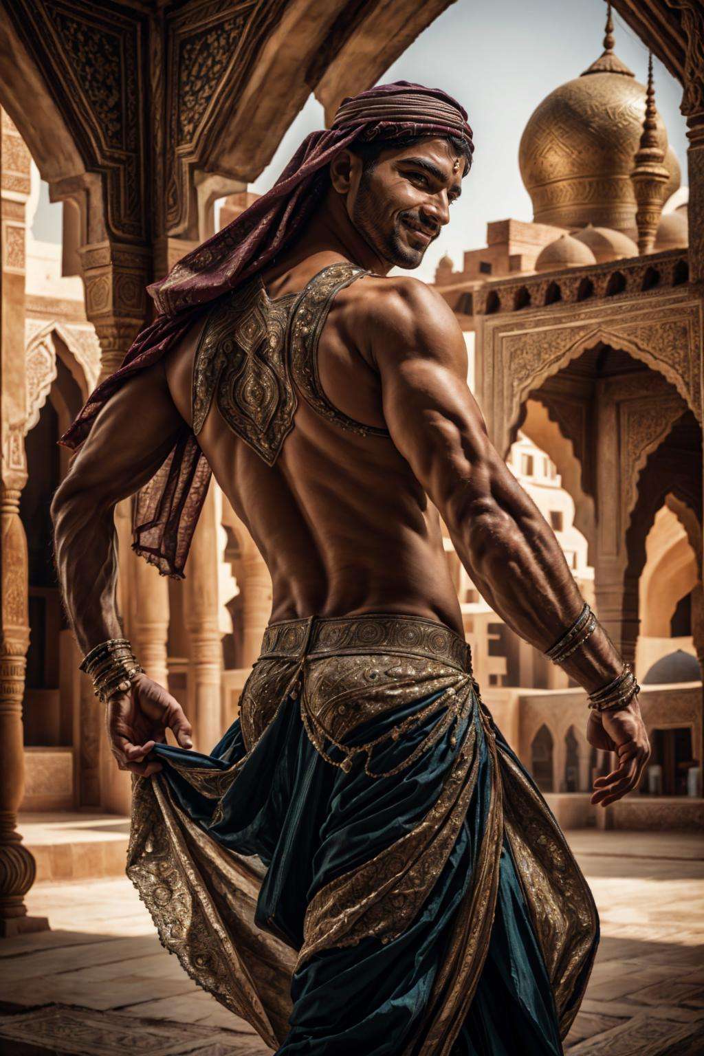 ((best quality)), ((masterpiece)), (detailed), (realistic), cinematic, natural lighting, (detailed background), depth of field, intricate, 8k, detailed skin, (large pectorals:1), pectorals, abs, bara, photo of a handsome man, bellydancer, jewelry, dynamic pose, arabian clothes, smirk, looking at viewer, outdoors, arabian palace, back view,