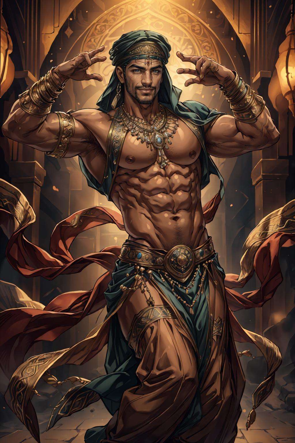 ((best quality)), ((masterpiece)), (detailed), (realistic), cinematic, dynamic lighting, (detailed background), depth of field, intricate, 8k, detailed skin, (large pectorals:1), pectorals, abs, bara, photo of a handsome man, bellydancer, jewelry, dancing, arabian clothes, headwear, smirk, teeth, looking at viewer,