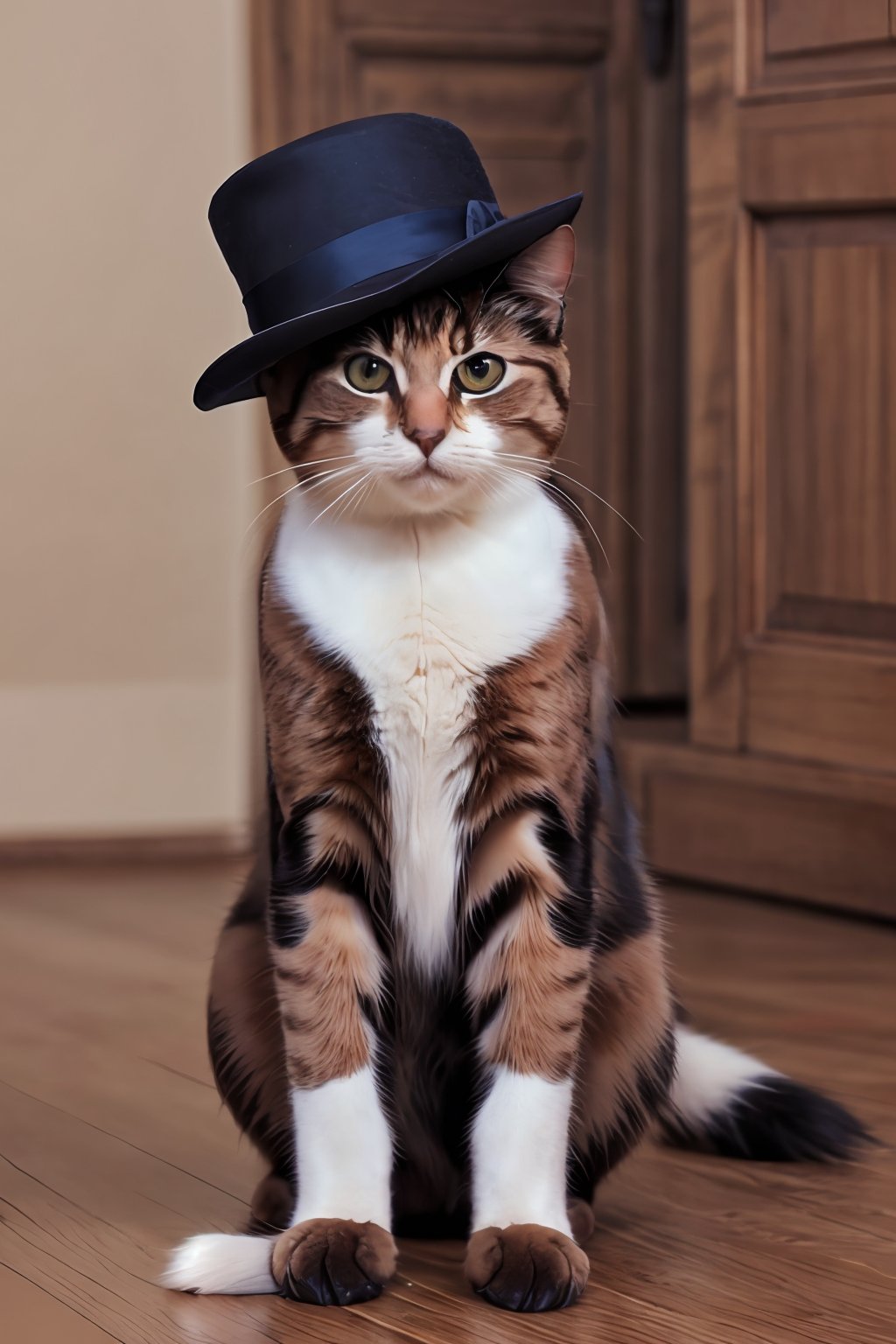 (absurdres, highres, ultra detailed, high resolution:1.1), cat, realistic, non-human, hairy, hat, cute, full body, (dressed animal, clothed animal:1.2),