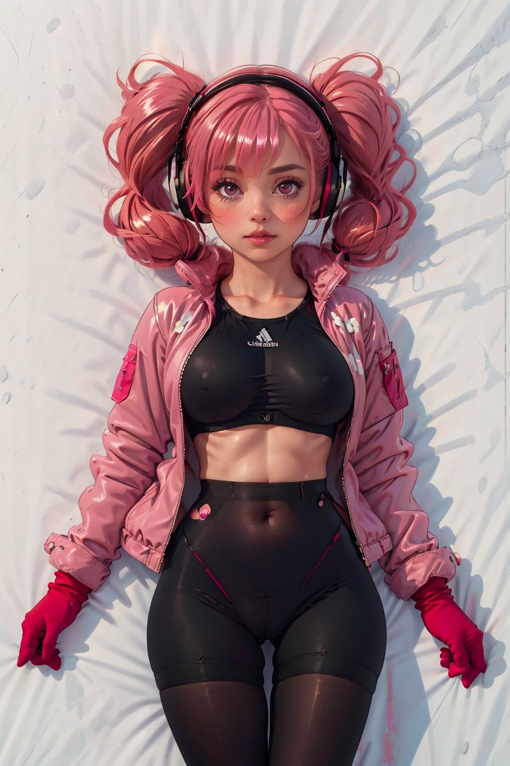 1Girl, bangs behind hands, tights, breasts, covering navel, crop jacket, gloves, headphones, impossible tights, jacket, big breasts, long hair, long sleeves, looking at audience, lying down, medium breasts, back, parted lips, pink tights, pink eye, pink hair, fluffy sleeves, red jacket, shrug\ (clothes\), skin tight, solo, twintails, Alice\ (nikke\), (masterpiece: 1.4), (best quality: 1.4), (shiny skin), realistic