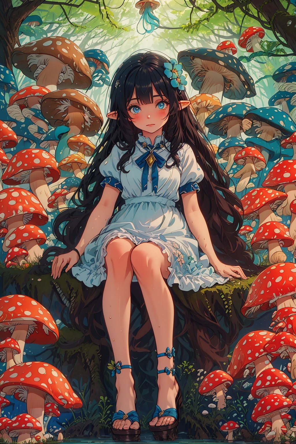 (masterpiece),(best quality),(ultra-detailed),illustration,Dynamic angle,1girl, long hair, blue eyes, solo, sitting, (mushroom:1.2), white hair, flower, (blue jellyfish:1.2), looking at viewer, bangs, hair ornament, dress, forest, tree, water, hair flower, pointy ears, very long hair, sandals, full body, short sleeves  