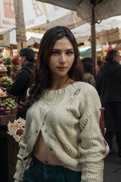 cinematic photo A pretty girl in a crowded medieval market, market vendors, upper body, detailed clothes, green eyes, long flowing hair, shiny skin, subsurface scattering, (sharp:0. 7), ultra-detailed, real-life texture, dramatic lighting, dynamic composition, unreal engine, Nikon D850 ,<lora:j3s1-06:1>  . 35mm photograph, film, bokeh, professional, 4k, highly detailed