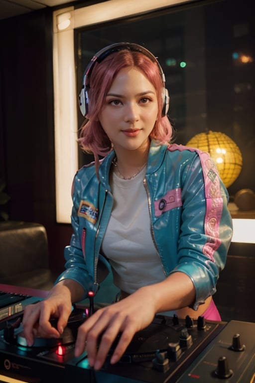 Disco-themed cinematic film still beautiful (smiling:1) woman DJ with (pink hair:1. 1) wearing (headphones:1. 1) and sunglasses and a leather jacket, deejaying with turntables while dancing, colorful disco lights, (skindentation:1. 2), (perfect photorealistic face:1. 3), (hyper-realistic:1. 2), rule of thirds golden ratio, cinematic, absurdres, <lora:j3s1-04:1:1> ,<lora:epiNoiseoffset_v2:0.6> . shallow depth of field, vignette, highly detailed, high budget Hollywood movie, bokeh, cinemascope, moody, epic, gorgeous, film grain, grainy . Vibrant, groovy, retro 70s style, shiny disco balls, neon lights, dance floor, highly detailed