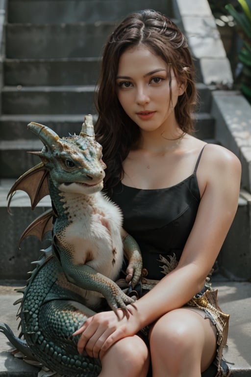 cinematic photo A very pretty lady sitting on a set of stairs with a baby dragon beside her, hyperrealism, photorealistic, 8k, unreal engine, <lora:j3s1-06:0.8> . 35mm photograph, film, bokeh, professional, 4k, highly detailed