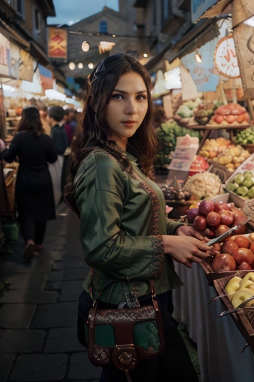cinematic photo A pretty girl in a crowded medieval market, market vendors, upper body, detailed clothes, green eyes, long flowing hair, shiny skin, subsurface scattering, (sharp:0. 7), ultra-detailed, real-life texture, dramatic lighting, dynamic composition, unreal engine, Nikon D850 ,<lora:j3s1-06:1>  . 35mm photograph, film, bokeh, professional, 4k, highly detailed