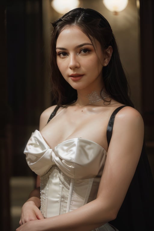 cinematic photo cinematic film still A stunning fair-looking lady posing wearing a white and black mini corset dress, diffuse glow, indoor, 32k, <lora:j3s1-04:1> . shallow depth of field, vignette, highly detailed, high budget Hollywood movie, bokeh, cinemascope, moody, epic, gorgeous, film grain, grainy . 35mm photograph, film, bokeh, professional, 4k, highly detailed