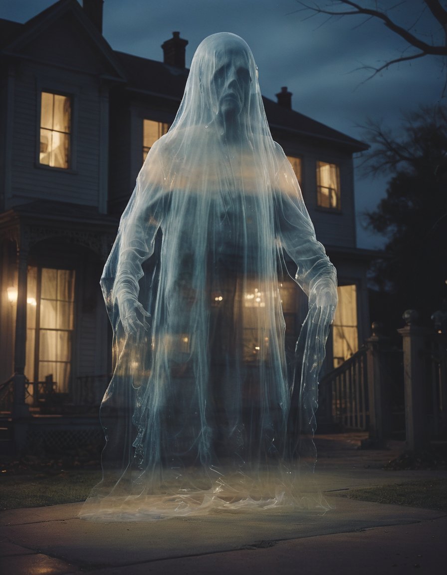 photo of a transparent ghost infront of a house, night, victorian