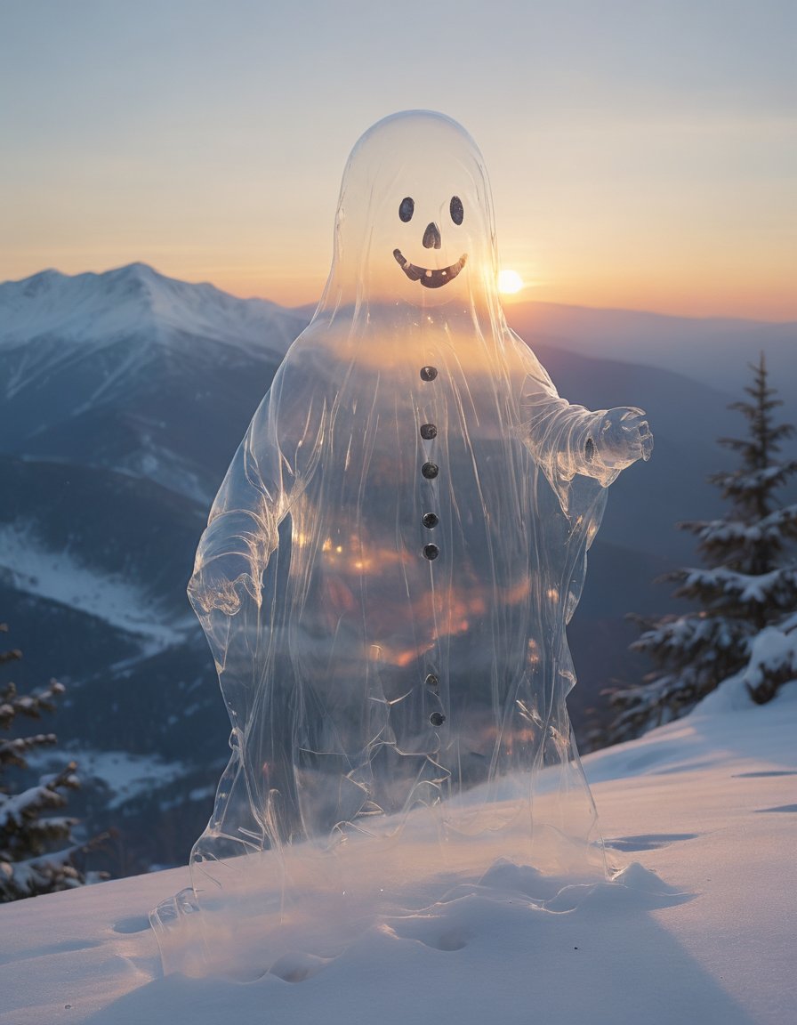 photo of a transparent ghost snowman on a snowy mountain, sunrise