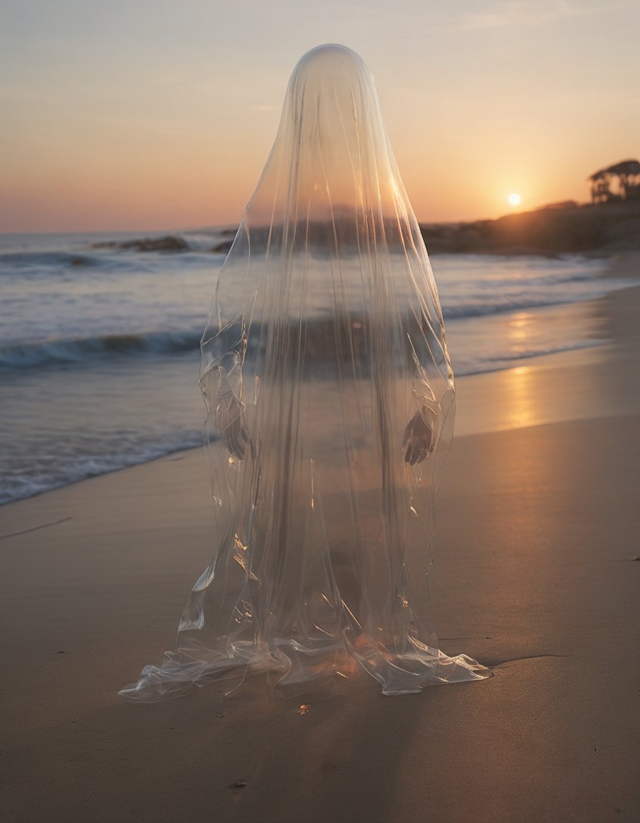 photo of a transparent ghost on a beach, sunset