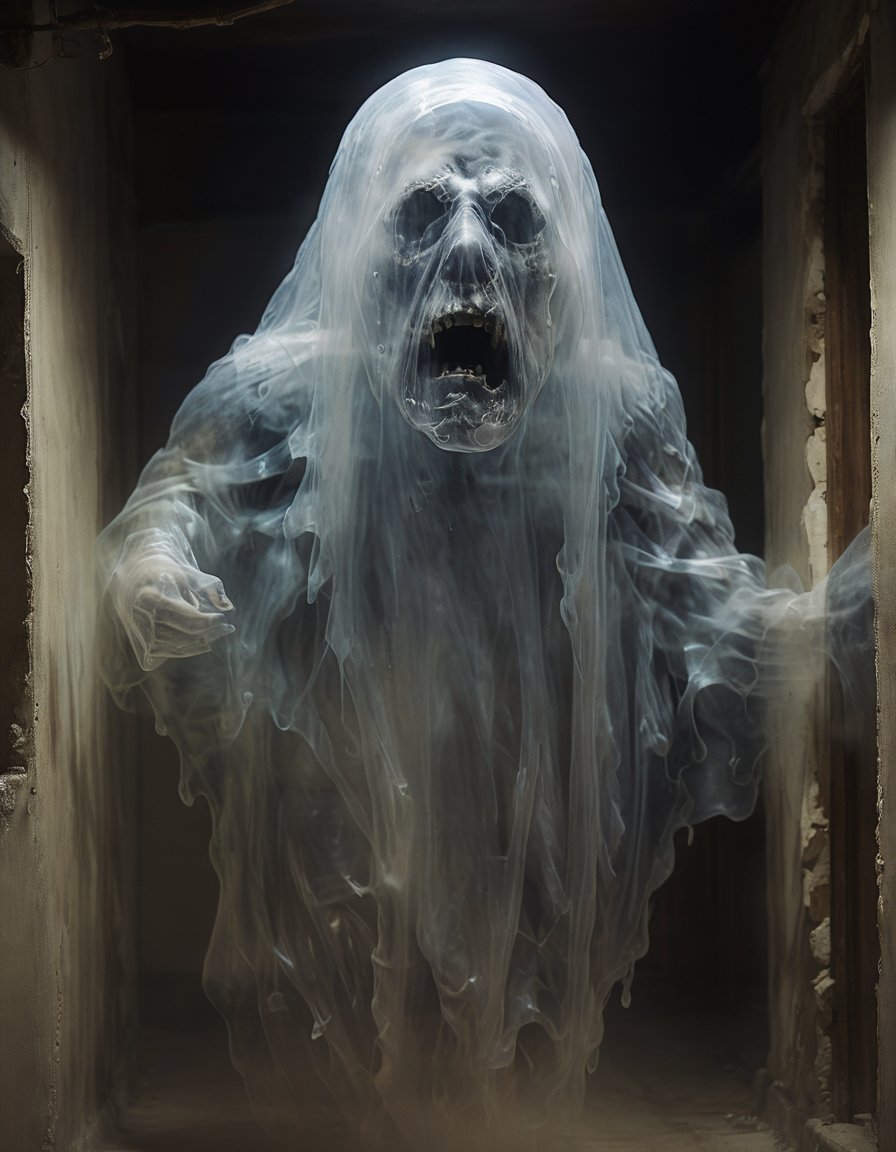 an angry transparent ghost at night coming out through the wall, extreme closeup