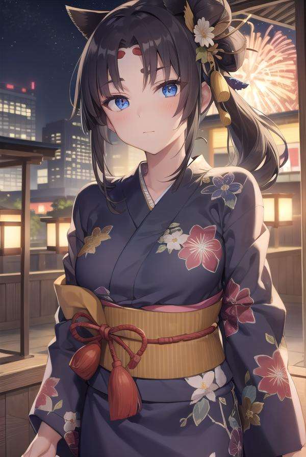 ushiwakamaru, <lora:ushiwakamaru-lora-nochekaiser:1>, ushiwakamaru, black hair, blue eyes, long hair, side ponytail, sidelocks, parted bangs, (small breast:1.2), hair bun, single bun, side bun,BREAK japanese clothes, (yukata:1.5), obi, sash,BREAK looking at viewer,BREAK outdoors, fireworks, night, festival,BREAK <lyco:GoodHands-beta2:1>, (masterpiece:1.2), best quality, high resolution, unity 8k wallpaper, (illustration:0.8), (beautiful detailed eyes:1.6), extremely detailed face, perfect lighting, extremely detailed CG, (perfect hands, perfect anatomy),