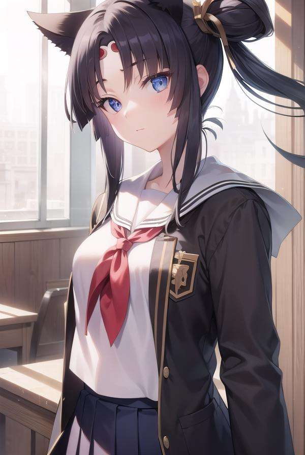 ushiwakamaru, <lora:ushiwakamaru-lora-nochekaiser:1>, ushiwakamaru, black hair, blue eyes, long hair, side ponytail, sidelocks, parted bangs, (small breast:1.2), hair bun, single bun, side bun,BREAK school uniform, skirt, serafuku, pleated skirt,BREAK looking at viewer,BREAK indoors, classroom,BREAK <lyco:GoodHands-beta2:1>, (masterpiece:1.2), best quality, high resolution, unity 8k wallpaper, (illustration:0.8), (beautiful detailed eyes:1.6), extremely detailed face, perfect lighting, extremely detailed CG, (perfect hands, perfect anatomy),