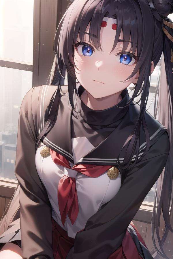 ushiwakamaru, <lora:ushiwakamaru-lora-nochekaiser:1>, ushiwakamaru, black hair, blue eyes, long hair, side ponytail, sidelocks, parted bangs, (small breast:1.2), hair bun, single bun, side bun,BREAK school uniform, skirt, serafuku, pleated skirt,BREAK looking at viewer,BREAK indoors, classroom,BREAK <lyco:GoodHands-beta2:1>, (masterpiece:1.2), best quality, high resolution, unity 8k wallpaper, (illustration:0.8), (beautiful detailed eyes:1.6), extremely detailed face, perfect lighting, extremely detailed CG, (perfect hands, perfect anatomy),