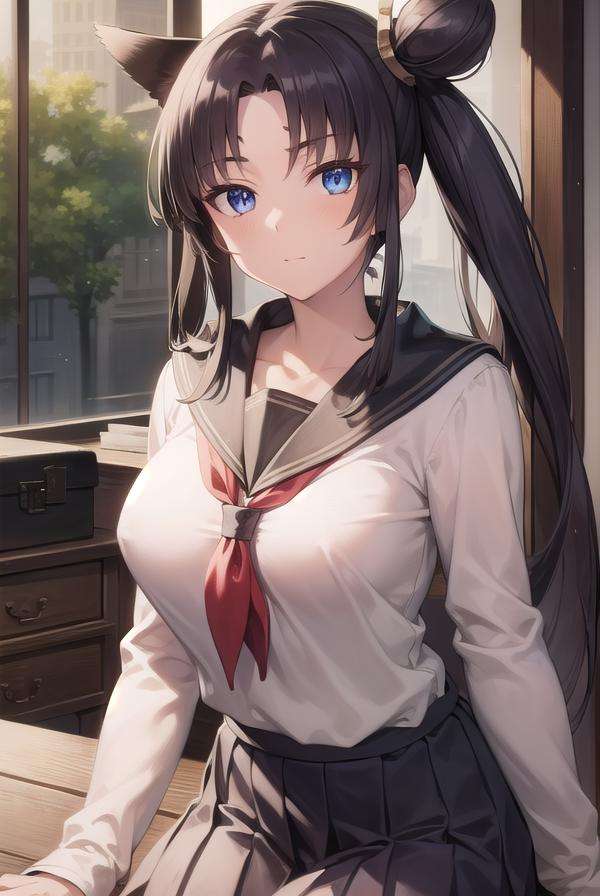 ushiwakamaru, <lora:ushiwakamaru-lora-nochekaiser:1>, ushiwakamaru, black hair, blue eyes, long hair, side ponytail, sidelocks, parted bangs, (small breast:1.2), hair bun, single bun, side bun,BREAK school uniform, skirt, serafuku, pleated skirt,BREAK looking at viewer,BREAK indoors, classroom,BREAK <lyco:GoodHands-beta2:1>, (masterpiece:1.2), best quality, high resolution, unity 8k wallpaper, (illustration:0.8), (beautiful detailed eyes:1.6), extremely detailed face, perfect lighting, extremely detailed CG, (perfect hands, perfect anatomy),