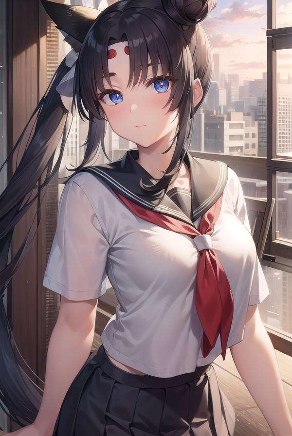 ushiwakamaru, <lora:ushiwakamaru-lora-nochekaiser:1>, ushiwakamaru, black hair, blue eyes, long hair, side ponytail, sidelocks, parted bangs, (small breast:1.2), hair bun, single bun, side bun,BREAK school uniform, skirt, serafuku, pleated skirt,BREAK looking at viewer,BREAK indoors, classroom,BREAK <lyco:GoodHands-beta2:1>, (masterpiece:1.2), best quality, high resolution, unity 8k wallpaper, (illustration:0.8), (beautiful detailed eyes:1.6), extremely detailed face, perfect lighting, extremely detailed CG, (perfect hands, perfect anatomy),