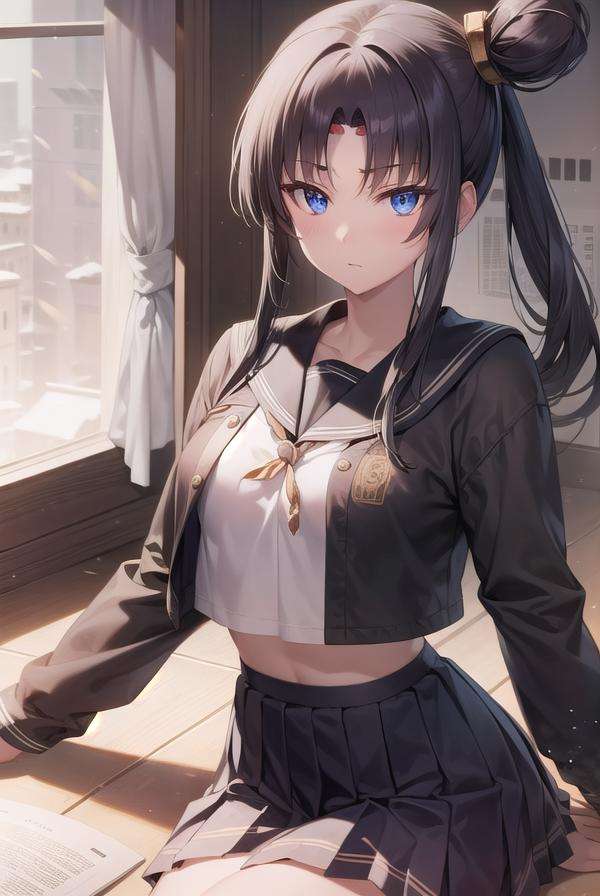 ushiwakamaru, <lora:ushiwakamaru-lora-nochekaiser:1>, ushiwakamaru, black hair, blue eyes, long hair, side ponytail, sidelocks, parted bangs, (small breast:1.2), hair bun, single bun, side bun,BREAK school uniform, skirt, serafuku, pleated skirt,BREAK looking at viewer,BREAK indoors, classroom,BREAK <lyco:GoodHands-beta2:1>, (masterpiece:1.2), best quality, high resolution, unity 8k wallpaper, (illustration:0.8), (beautiful detailed eyes:1.6), extremely detailed face, perfect lighting, extremely detailed CG, (perfect hands, perfect anatomy),