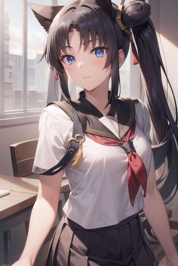 ushiwakamaru, <lora:ushiwakamaru-lora-nochekaiser:1>, ushiwakamaru, black hair, blue eyes, long hair, side ponytail, sidelocks, parted bangs, (small breast:1.2), hair bun, single bun, side bun,BREAK school uniform, skirt, serafuku, pleated skirt,BREAK looking at viewer,BREAK indoors, classroom,BREAK <lyco:GoodHands-beta2:1>, (masterpiece:1.2), best quality, high resolution, unity 8k wallpaper, (illustration:0.8), (beautiful detailed eyes:1.6), extremely detailed face, perfect lighting, extremely detailed CG, (perfect hands, perfect anatomy),