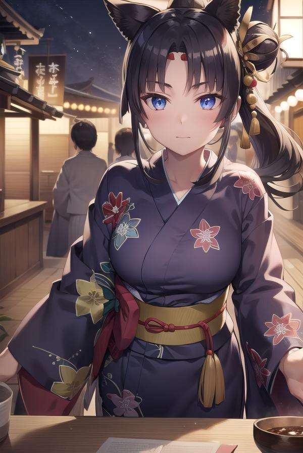 ushiwakamaru, <lora:ushiwakamaru-lora-nochekaiser:1>, ushiwakamaru, black hair, blue eyes, long hair, side ponytail, sidelocks, parted bangs, (small breast:1.2), hair bun, single bun, side bun,BREAK japanese clothes, (yukata:1.5), obi, sash,BREAK looking at viewer,BREAK outdoors, fireworks, night, festival,BREAK <lyco:GoodHands-beta2:1>, (masterpiece:1.2), best quality, high resolution, unity 8k wallpaper, (illustration:0.8), (beautiful detailed eyes:1.6), extremely detailed face, perfect lighting, extremely detailed CG, (perfect hands, perfect anatomy),