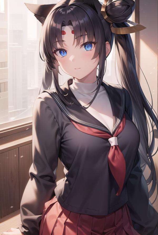 ushiwakamaru, <lora:ushiwakamaru-lora-nochekaiser:1>, ushiwakamaru, black hair, blue eyes, long hair, side ponytail, sidelocks, parted bangs, (small breast:1.2), hair bun, single bun, side bun,BREAK school uniform, skirt, serafuku, pleated skirt,BREAK looking at viewer,BREAK indoors, classroom,BREAK <lyco:GoodHands-beta2:1>, (masterpiece:1.2), best quality, high resolution, unity 8k wallpaper, (illustration:0.8), (beautiful detailed eyes:1.6), extremely detailed face, perfect lighting, extremely detailed CG, (perfect hands, perfect anatomy),