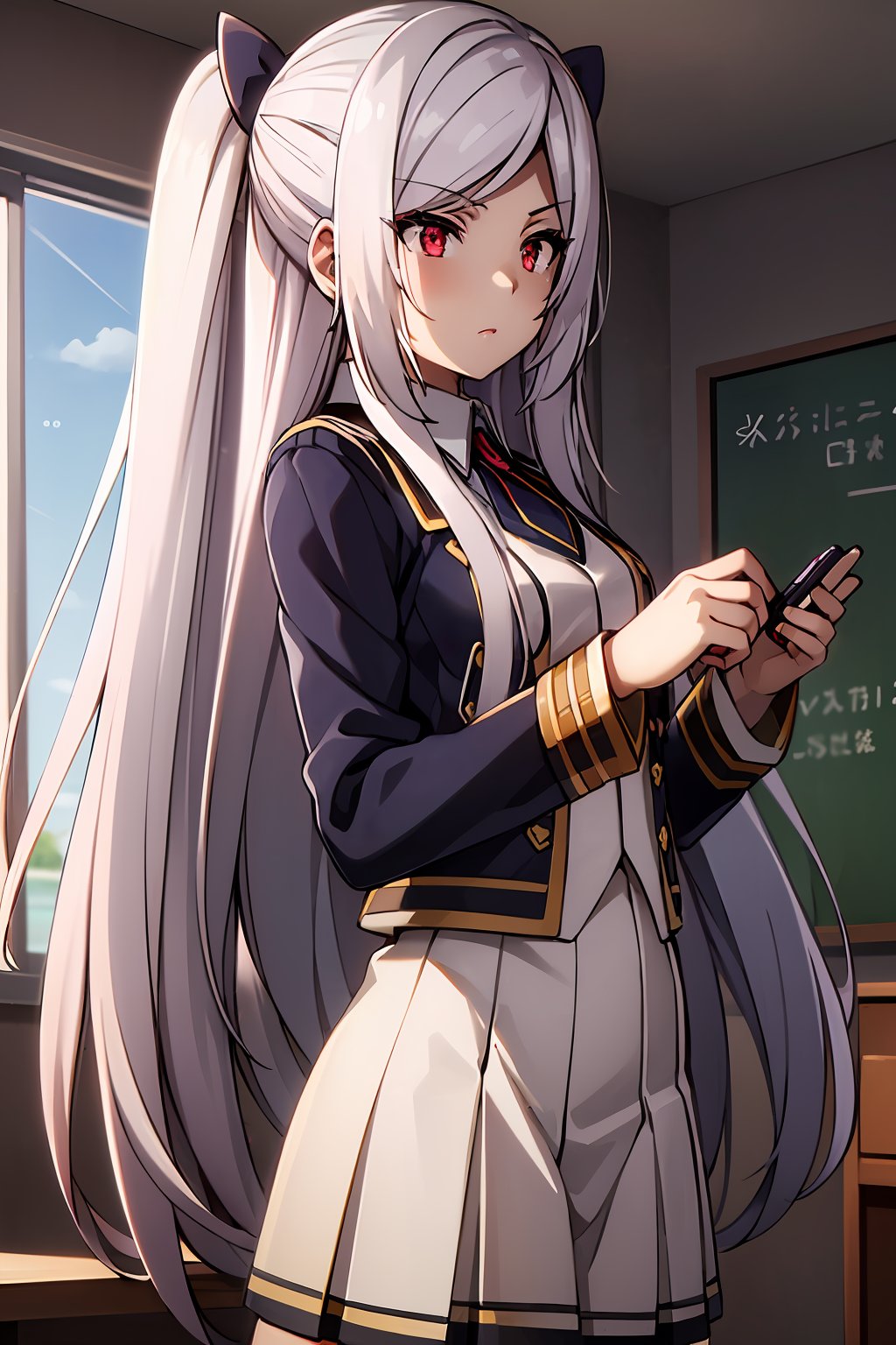 ((masterpiece, best quality, ultra-detailed, very fine 8KCG wallpapers)), 1 girl, solo, Alexia Midgar, alexia_olis, silver hair, twintails, red eyes, long hair, school uniform, nice hands, perfect hands,