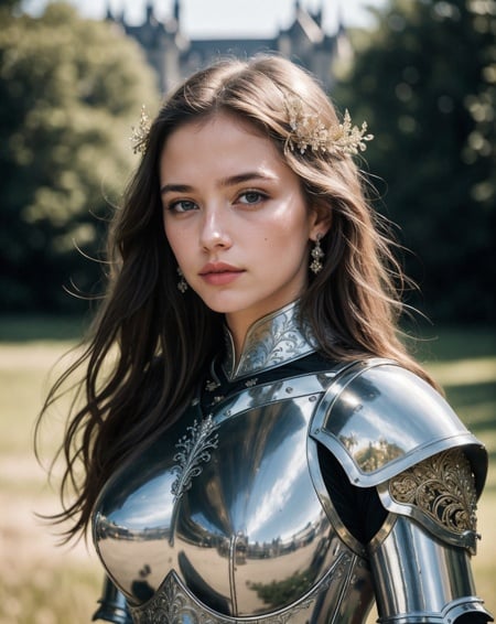 (masterpiece), (extremely intricate:1.3),, (realistic), portrait of a girl, the most beautiful in the world, (medieval armor), metal reflections, upper body, outdoors, intense sunlight, far away castle, professional photograph of a stunning woman detailed, sharp focus, dramatic, award winning, cinematic lighting, octane render, unreal engine, volumetrics dtx, (film grain, bokeh, blurry foreground, blurry background), crest on chest