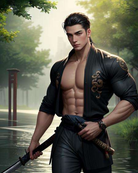 concept art, absurdres, masterpiece, highres, intricately detailed, (asianpunk), a man, sexy, muscular, strutting outdoors, gorgeous eyes, detailed face, rain, outdoors, holding a katana, global illumination, subsurface scattering,