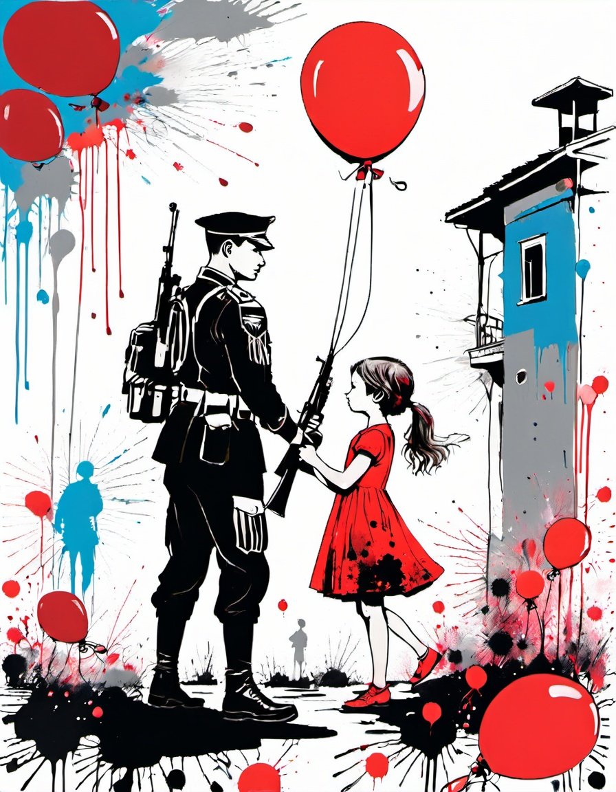 a black and white painting of a little girl red dress, side view, giving a red balloon to an adult army soldier holding a rifle,  with red paint splatters, , with a black and white background, Carne Griffiths, incredible art, graffiti art, modern european ink painting
