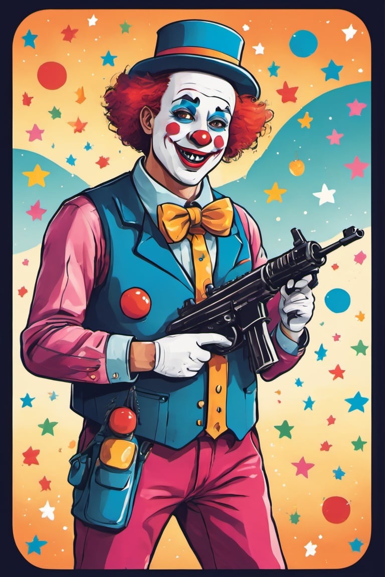 clown holding a machine gun,happy,smiling
