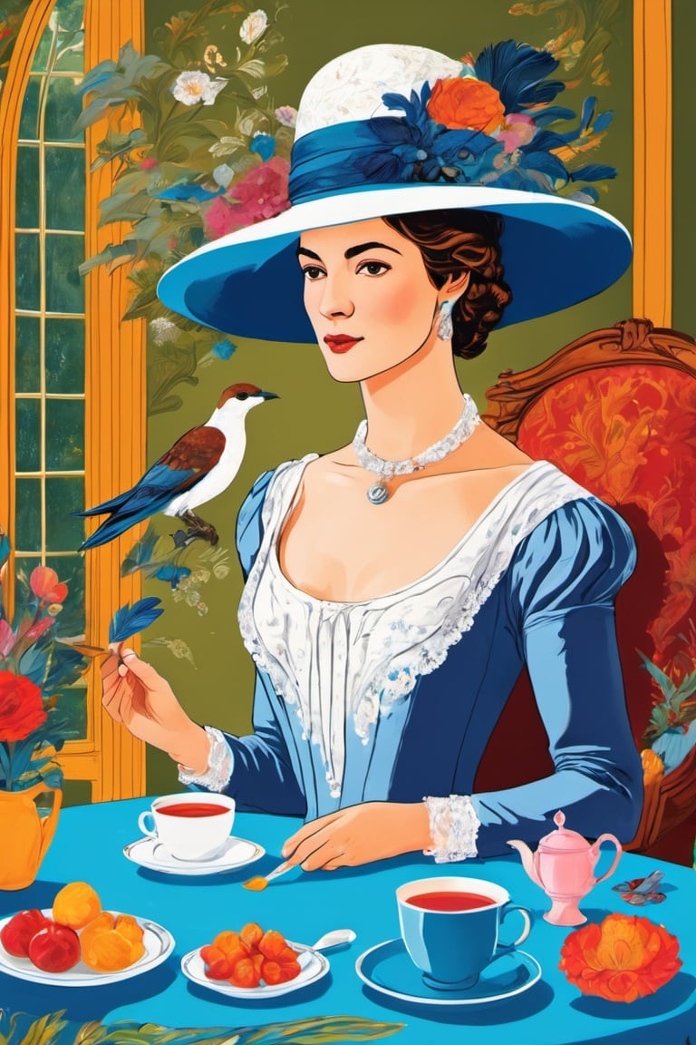 Jane Austen a woman   sitting at the table with a feather pen in her hand, head looking towards you with a white hat 
