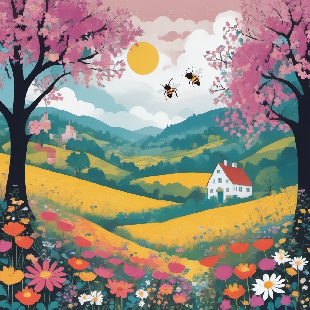 Busy Bee, Cloudy Weather, Flower Field Landscape, Summer Day, Lively Mood ,
