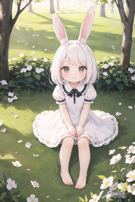 ((masterpiece,best quality)),1girl, solo, animal ears, rabbit, barefoot, knees up, dress, sitting, rabbit ears, short sleeves, looking at viewer, grass, short hair, smile, white hair, puffy sleeves, outdoors, puffy short sleeves, bangs, on ground, full body, animal, white dress, sunlight, brown eyes, dappled sunlight, day, depth of field