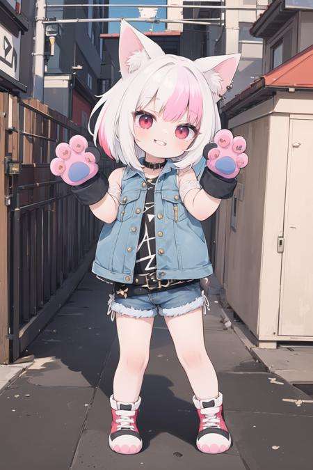 masterpiece,an extremely cute and beautiful girl, highly detailed beautiful face and red eyes,(jean shoes:1.2)cute, (evil smile:1.2), multicolored hair, very short hair, animal ears, wolf ears,child,colorful jacket, neon colors, punk rock, shorts, piercing,full body,  paw pose, (cat paw gloves:1.3)