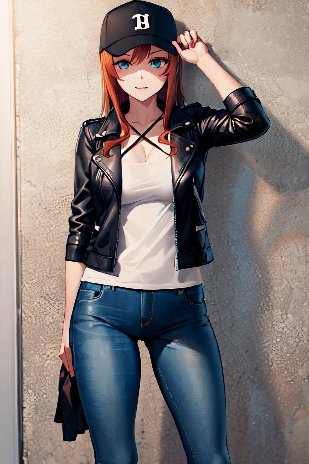 masterpiece, best quality, highres, 1girl, mirai, criss-cross_halter, baseball_cap, leather jacket, jeans