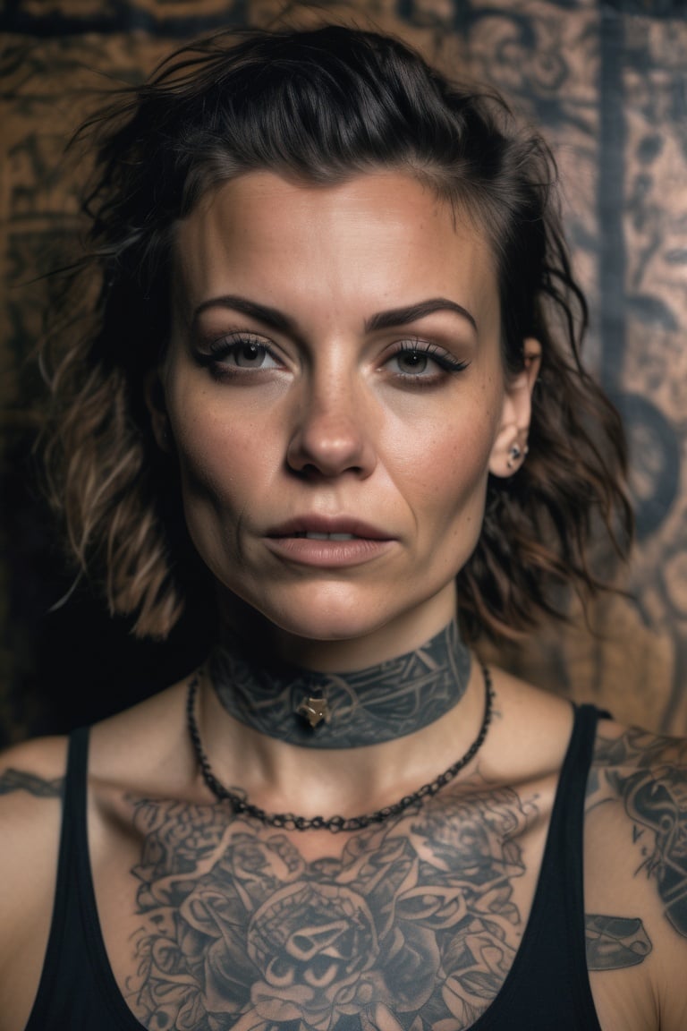 asterpiece,best quality,photo, rule of thirds, dramatic lighting, medium hair, detailed face, detailed nose, woman wearing tank top, collar or choker, smirk, tattoo, intricate background,realism,realistic,raw,analog,woman,portrait,photorealistic,analog,