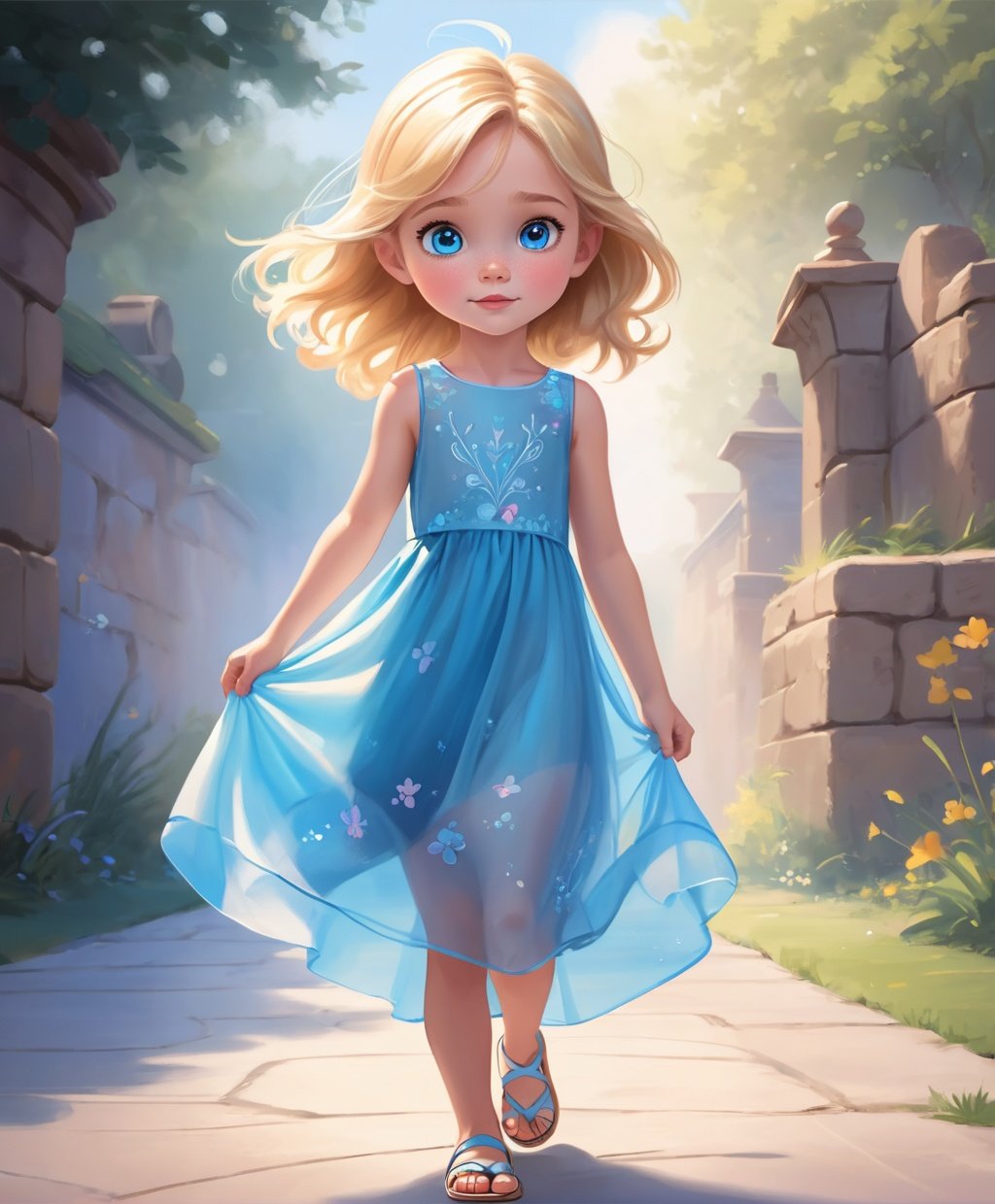 illustrate a 7 year old girl with bright blue eyes and blonde hair, a dreamy expression, simple, cute, pastel dress, transparent sandals, in the style of Disney and Pixar animation,