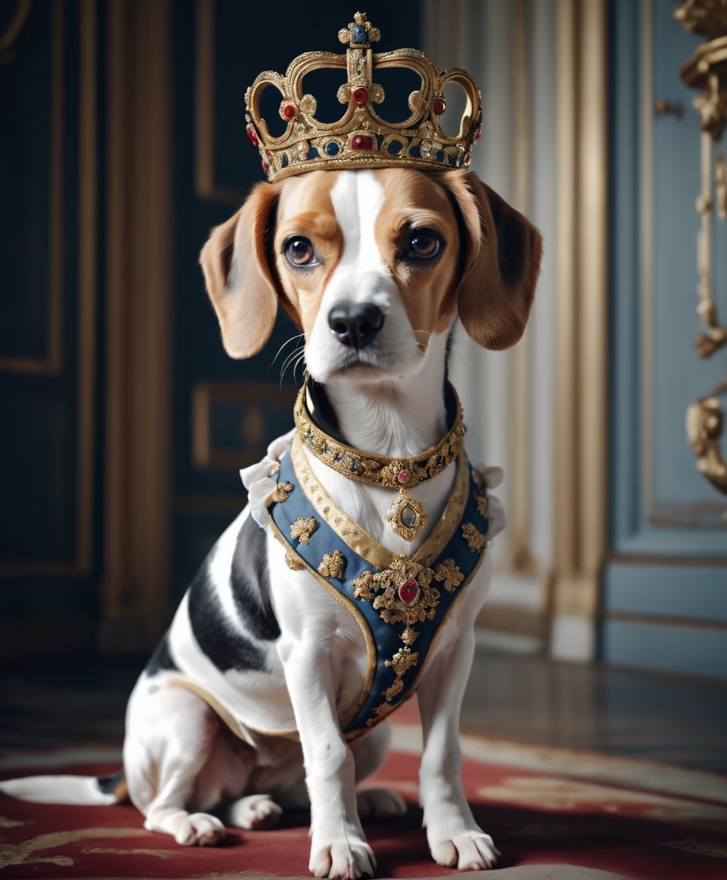 Ultra realistic photo of a small beagle Queen of France, posing proudly in her finery despite her sadness, mid body. Cinematic, rococo style, hyper-realistic photo by Marta Bevacqua