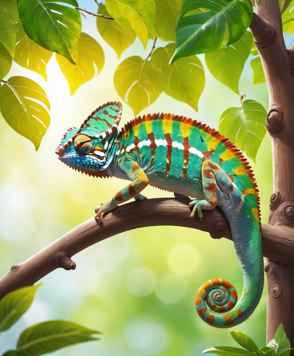 colorful chameleon perched on top of a tree branch. The chameleon is sitting on top of a tree branch, surrounded by leaves. The chameleon is green, yellow, and orange, with large, dark eyes. Its tongue is extended, ready to catch its prey. The background is green and brown, with some sunlight shining through the leaves