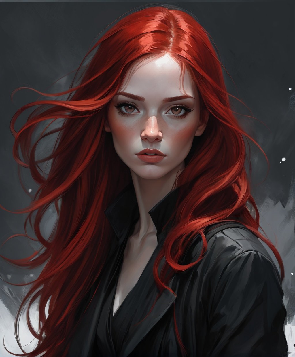 A woman in black with long red hair, in the style of charlie bowater, aggressive digital illustration, john larriva, matti suuronen, dark white and gray, gloomy, pseudo - realistic