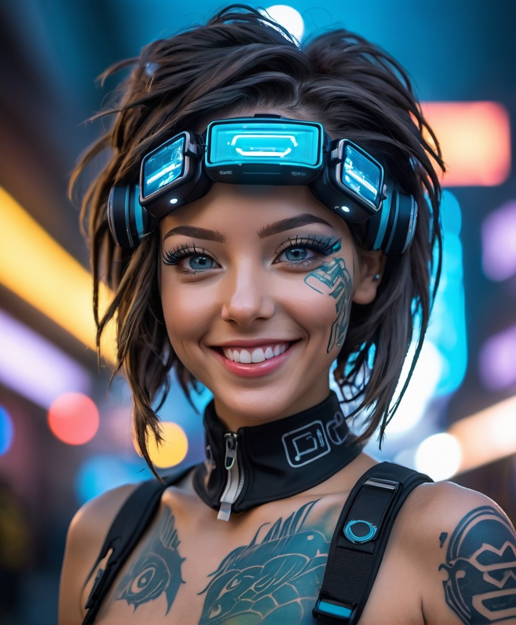 Cinématique shot dans l'univers Cyberpunk en 8k, femme souriante magnifique, de jour ou de nuit, tatouages et puces électronique et néons et photo portrait vue de face (close-up) et peau ultra détaillée et vêtement ultra détaillé, photographie de scène d'action ou photographie journalistique ou photographie de guerre, prise de vue avec Canon EF 50mm f/1.8 STM lens ou GoPro video fish-eye effect . HDR10.