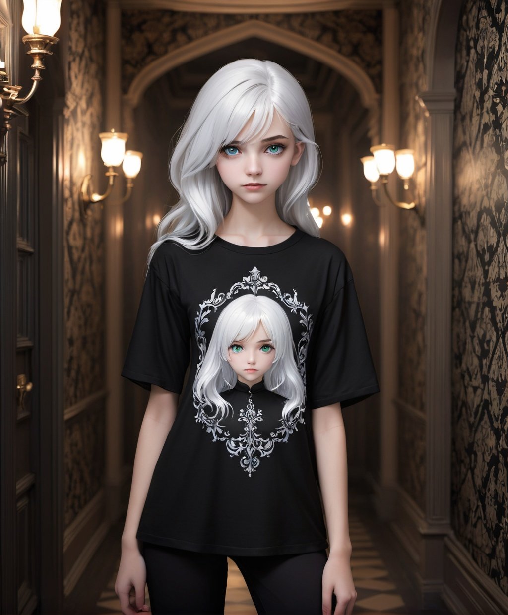 pretty teen model, haunted house hallway background, damask pattern wallpaper, candle opera, white hair, wearing black t shirt,