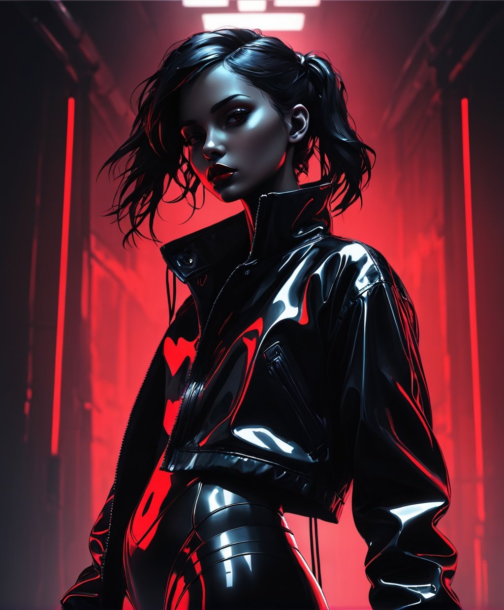 she is Liquid Metal meets project X-wave in synthetic fashion, silhouette, grungy, dark, dangerous, dynamic composition and dramatic lighting, black, neon red, haze