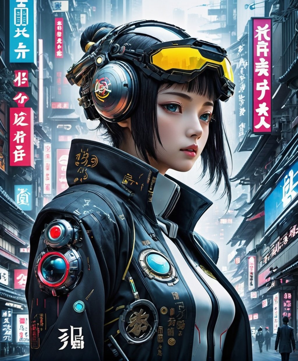 Japanese futuristic cyberpunk poster with extraordinary objects, each with its own mysterious story and symbolism,